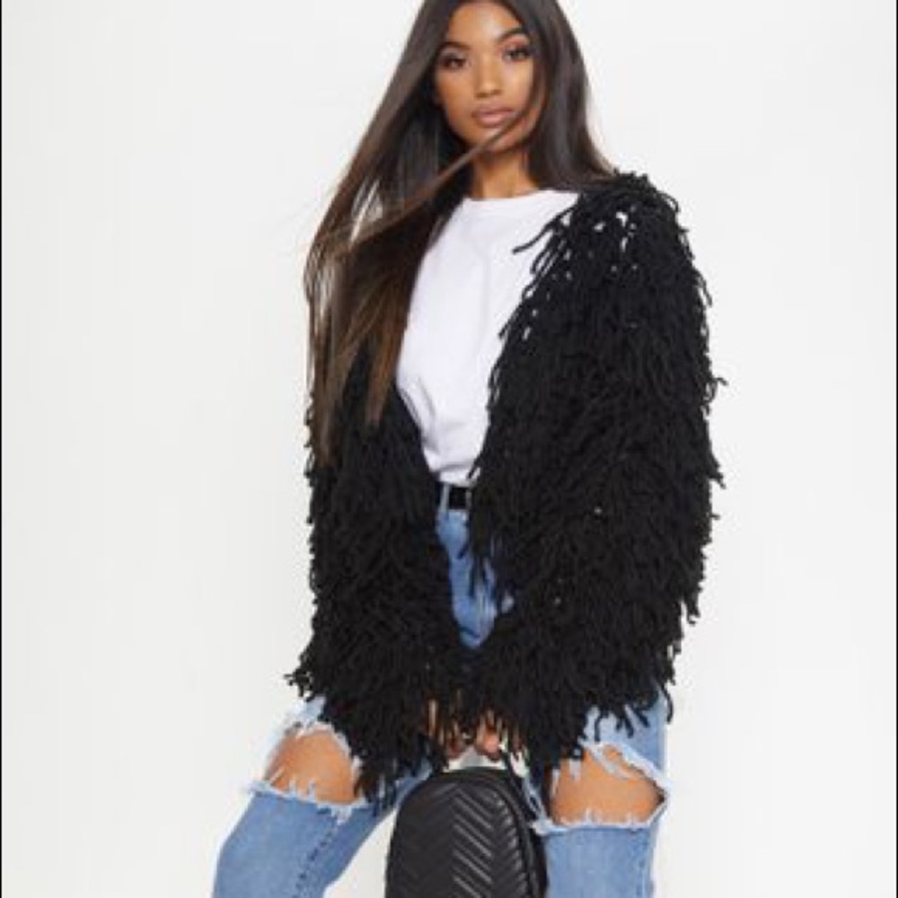 PLT Black Shaggy Knit Cropped Cardigan